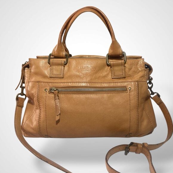 American Leather Co. Tan Brown Leather Crossbody Shoulder Bag Handbag Top Handle - Picture 1 of 11